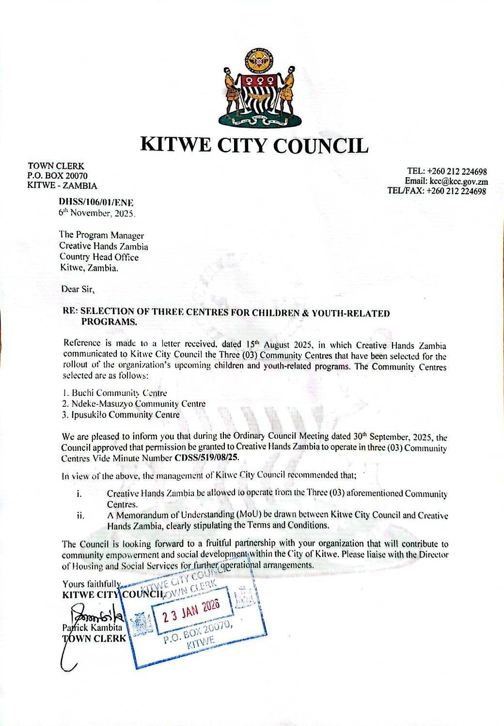 Kitwe City Council Hands Over Three Community Centres to Creative Hands Zambia